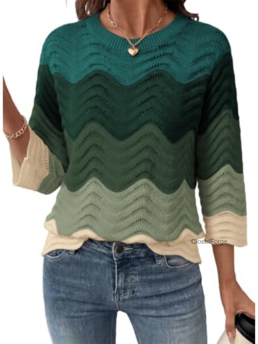 Women's 3/4 Sleeve Crochet Knit Sweater Pullover Loose Fit Crewneck
